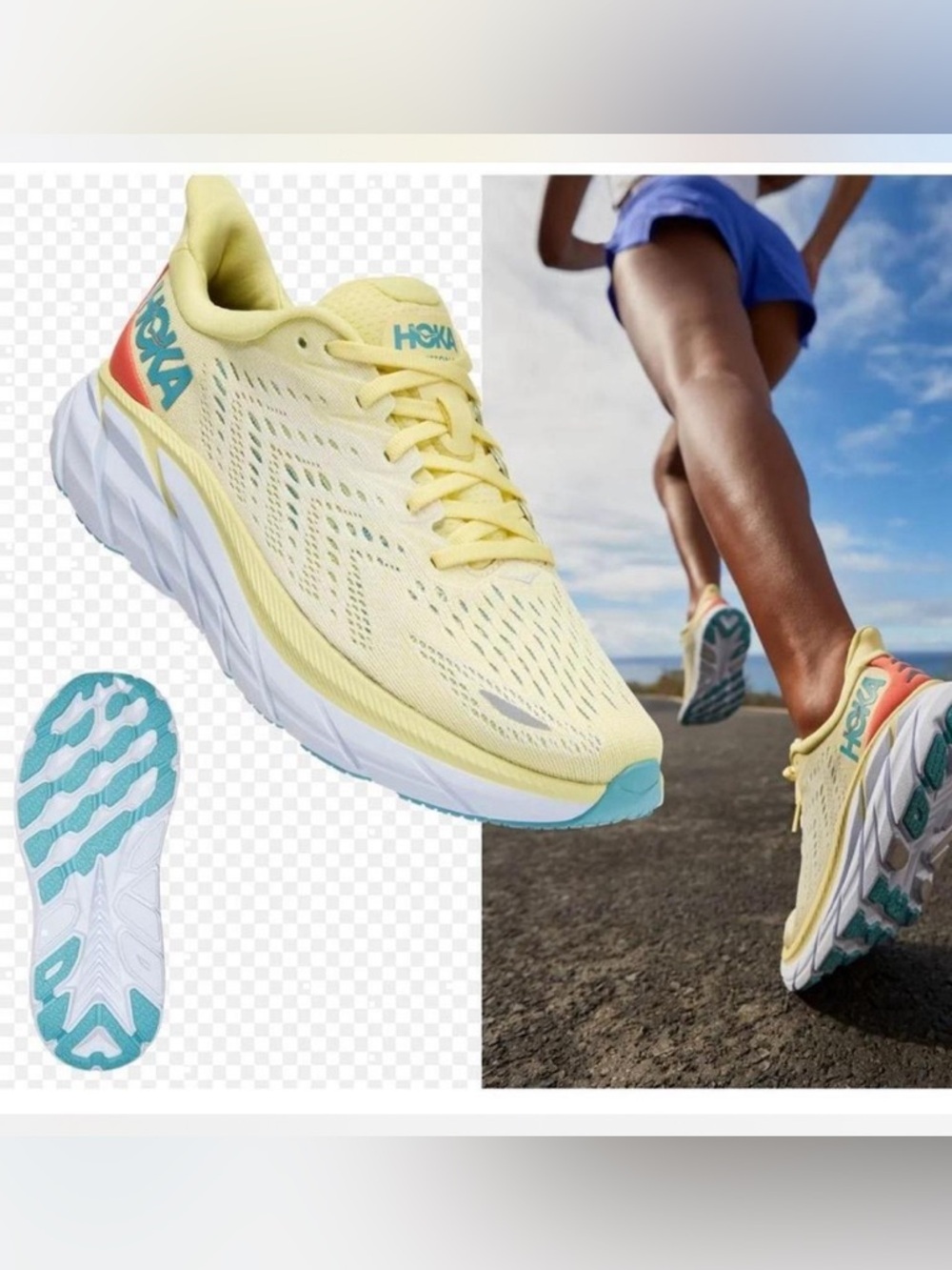 Hoka Women's Yellow Running Sneaker with Aqua and Coral Accents